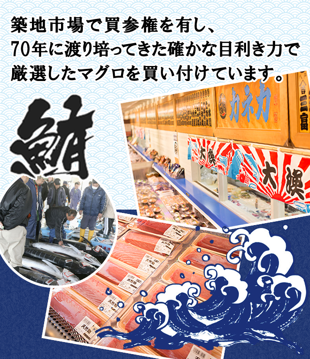 鮪　築地市場で買参権を有し、70年に渡り培ってきた確かな目利き力で厳選したマグロを買い付けています。